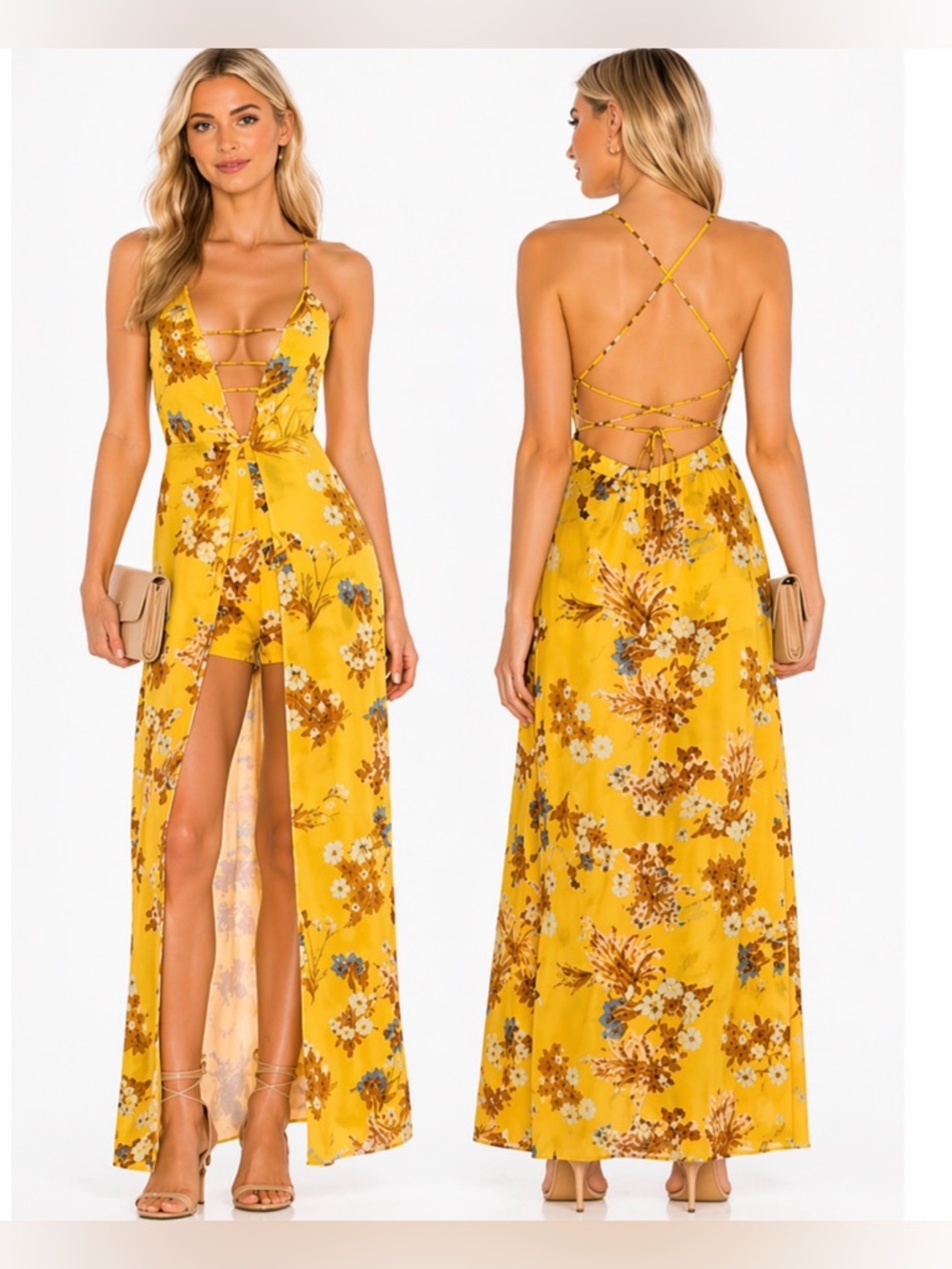YELLOW FLORAL ROMPER OVERLAY DEEP V BACKLESS DRESS